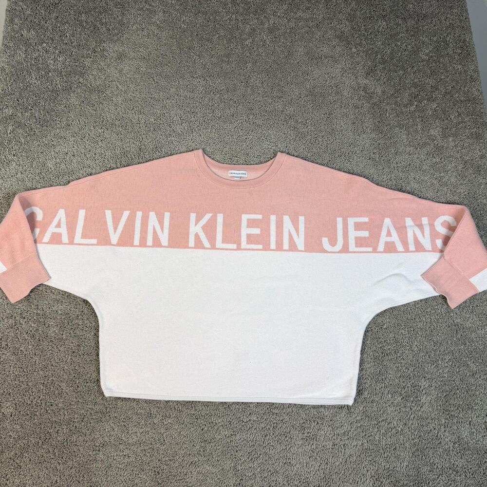 Calvin Klein Jeans Sweater Pullover Womens XL Pink Striped Oversized Crew Dolman